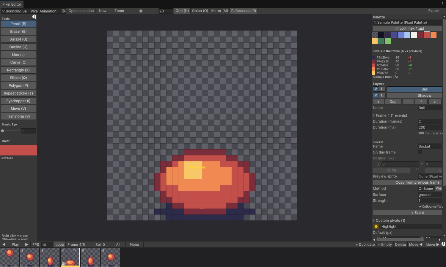 La ventana del Pixel Editor editando la animación de una pelota que rebota