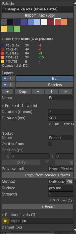 Paleta, capas, datos del frame y pivots custom